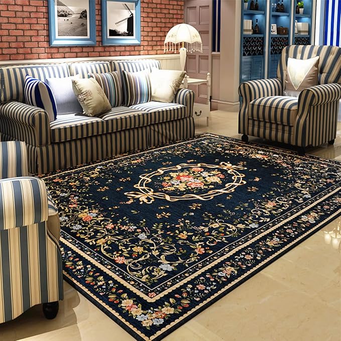 Elegant Traditional Floral Accent Rugs Rustic Non-Shedding Washable Area Rugs for Living Room Bedroom Dinning Room, 5′3″ × 7′6″, Navy Blue by Ukeler