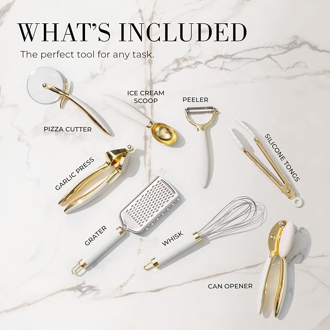 Styled Settings White & Gold Cooking Utensils Set, 8-Piece | Kitchen Utensils Set Includes Can Opener, Tongs and Garlic Press, White and Gold Kitchen Accessories for Kitchens - Image 2
