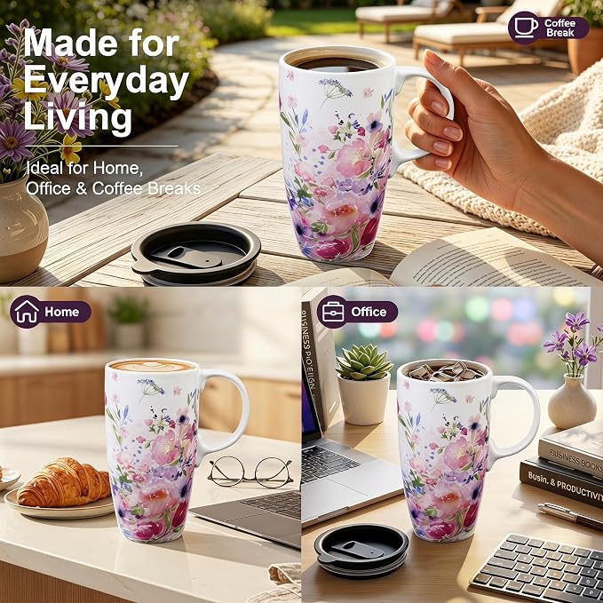 Topadorn 17oz Ceramic Travel Mug with Lid, Floral Coffee Mug with Handle | 17oz Ceramic Travel Mug • Floral Watercolor Design • Spill-Resistant Lid • Microwave & Dishwasher Safe • Gift Box - Image 6