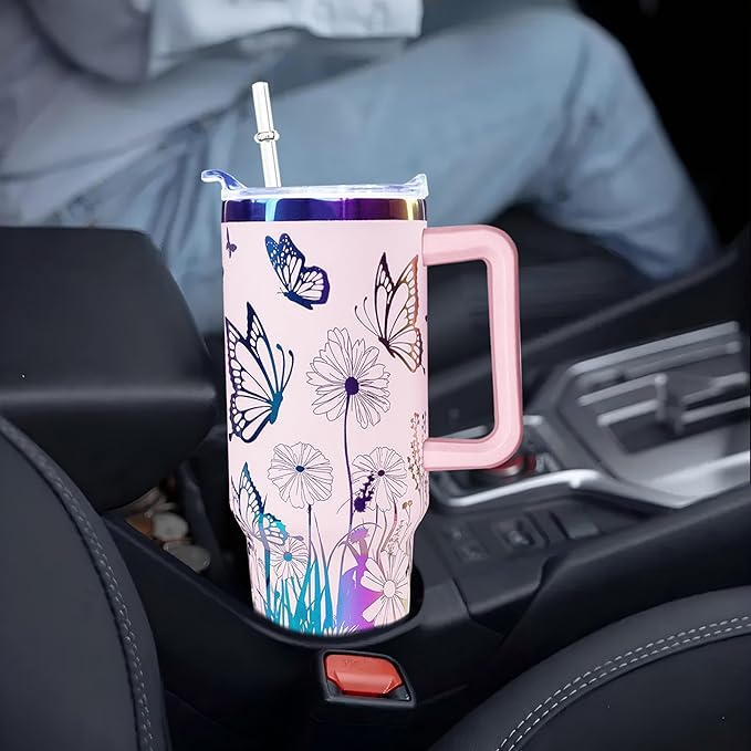 40 oz Butterfly Laser Engraving Tumbler With Handle With Lid Straw Double Insulated Travel Coffee Cup Butterfly Travel Accessories Must Have Gifts For Women