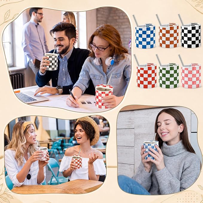 6 Pack Checkered Ceramic Coffee Mug with Sip Hole 10 oz Espresso Cup with Straws Retro Hand Painted Checkered Porcelain Coffee Tea Cup Cappuccino Latte Mug for Kitchen Dining Travel - Image 5