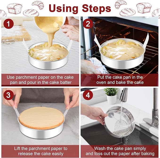 LIANYU 8 Inch Round Cake Pan Set, Baking Pans with 60 PCS Parchment Paper | Pure Stainless Steel, 2 Piece Metal Circle Layer Cake Tins for Birthday Christmas Party Wedding, Oven & Dishwasher Safe - Image 4