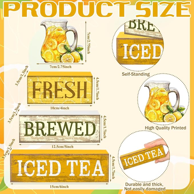 Moucuny 4 Pcs Summer Lemon Decor Summer Table Decorations Fresh Brewed Iced Tea Wooden Stacked Block Decor Rustic Summertime Tiered Tray Decoration for Kitchen Counter, Coffee Bar, Dining Table - Image 3