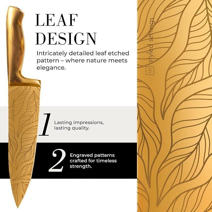 Styled Settings Gold Knives with Etched Leaves Pattern and Sharpener Block | 14-Piece Gold Titanium-Coated Blades with Beautiful Pattern, Ultra-Sharp Stainless Steel, & Stylish Kitchen Knife Block Set - Image 2