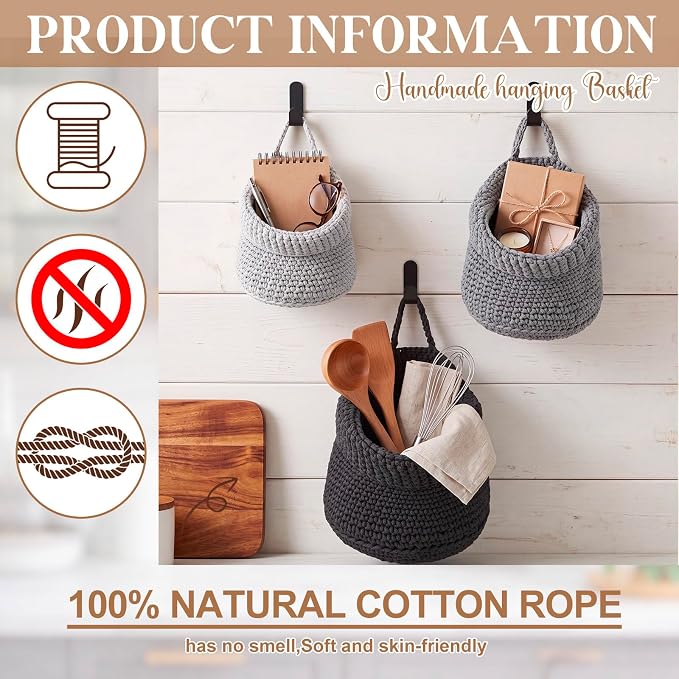 Honeydak Boho Decor Hanging Wall Baskets for Kitchen 3 Pack Teardrop Baskets with Hooks Storage Fruit Onion Vegetable Potato for Home(Light Grey, White, Dark Grey,Barrel,Cotton Rope) - Image 3