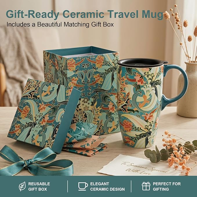 Topadorn 17oz Ceramic Travel Mug with Lid, Art Nouveau Floral Coffee Mug | Vintage Blue Botanical Latte Cup, Microwave & Dishwasher Safe Gift Mug for Home Office Commute - Image 7