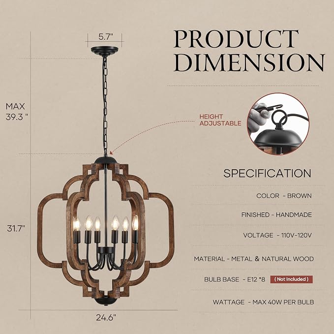 24.6" Farmhouse Vintage Chandelier 8-Light for Dining Room Rustic Handmade Wood Hanging Ceiling Pendant Light Fixture for Entryway Brown Retro Chandeliers for Kitchen Bedroom Foyer Hallway - Image 2