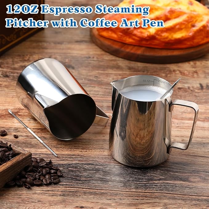 Milk Frothing Pitcher, 12oz Espresso Steaming Pitchers Stainless Steel Cappuccino Coffee Machine Accessories Barista Tools Steamer Froth Pitchers Milk Jug Cup with Decorating Pen Latte Art