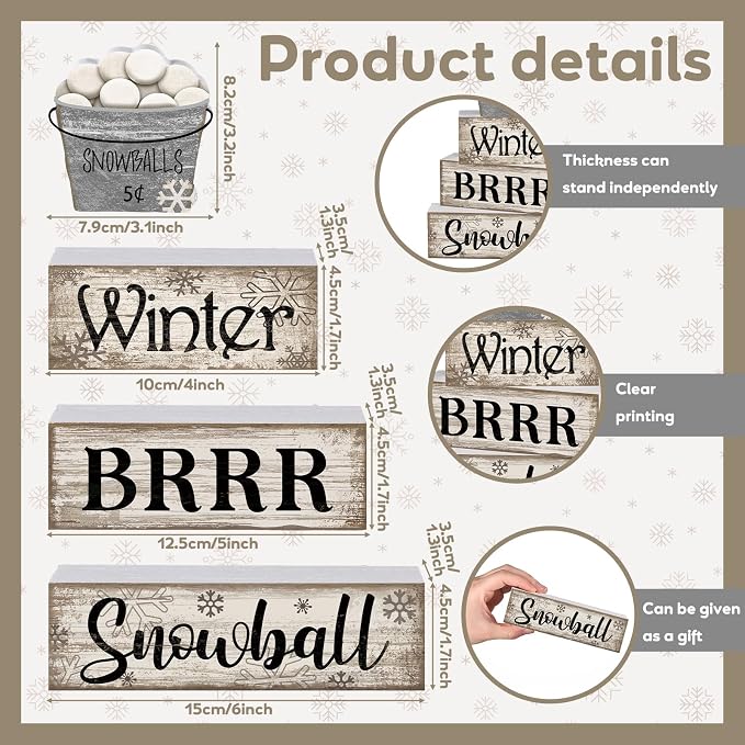 Moucuny 4 Pcs Winter Table Decorations Winter Tiered Tray Decor Christmas Table Centerpiece Rustic Decorative Snowball Snow Bucket Block Sign Farmhouse Christmas Decorations for Home Kitchen Shelf - Image 5