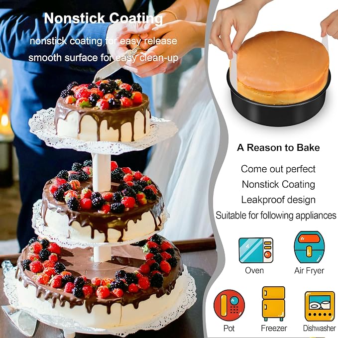 Round Cake Pans, 3PCS Circle Cake Pan with 90 Parchment Paper(6, 8, 10Inch) | Nonstick Cake Pan Set for Layer Cakes Deep-Dish Pizza, Cake Baking Pans for Christmas Birthday Thanksgiving, Dishwasher Safe - Image 4