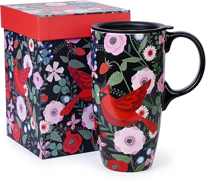 Topadorn 17oz Ceramic Travel Mug, Botanical Floral Bird Coffee Mug with Lid | Ceramic Coffee Mug with Handle, Microwave & Dishwasher Safe, Gift Box Included for Coffee, Tea and Latte by Topadorn