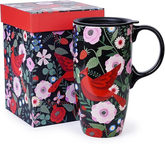 Topadorn 17oz Ceramic Travel Mug, Botanical Floral Bird Coffee Mug with Lid | Ceramic Coffee Mug with Handle, Microwave & Dishwasher Safe, Gift Box Included for Coffee, Tea and Latte by Topadorn