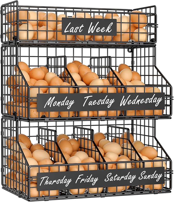Egg Holder Countertop with 5 Dividers & DIY Nameplate to Separate Eggs | 3 Tier Stackable Wire Storage Baskets for Gathering Fresh Eggs, XXL Large Egg Rack, Wall-Mounted (Patent Pending) by keomaisyto