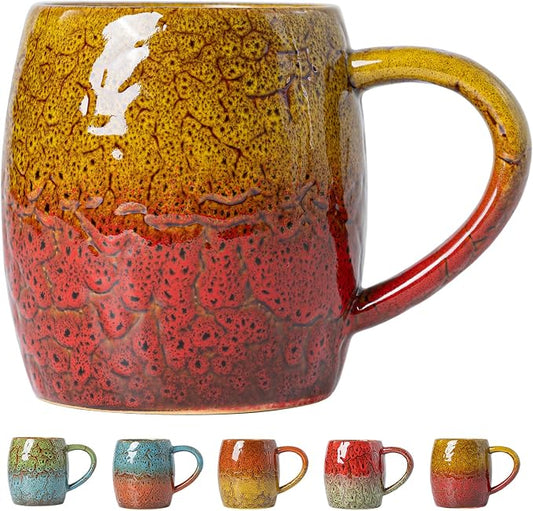 Handmade 22oz Ceramic Coffee Mug, Ergonomic Large Handle, Ideal Gift for Coffee Lovers, Microwave & Dishwasher Safe (Bas-Relief - Yellow&Red) by XIYUANJI