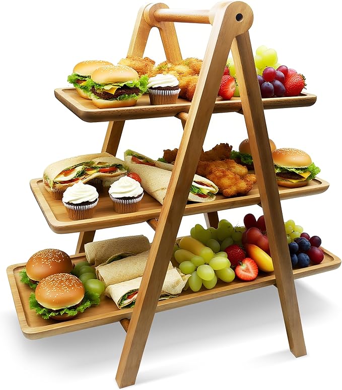 Acacia Wood 3 Tier Tray Wooden Serving Tray - Three Tiered Serving Stand with Collapsible Wood Rack, for Charcuterie Boards/Desserts, Foldable for Easy Storage, Party Wedding Kitchen Decor
