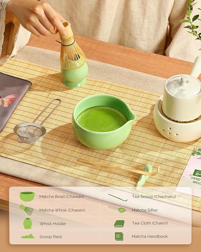 Maestri House Matcha Whisk Set, 7-Pc Complete Matcha Kit with Spouted Ceramic Bowl, Bamboo Whisk and Holder, Scoop, Spoon Rest & Sifter, Tea Cloth – Ideal Gift for Matcha Lovers (Green)
