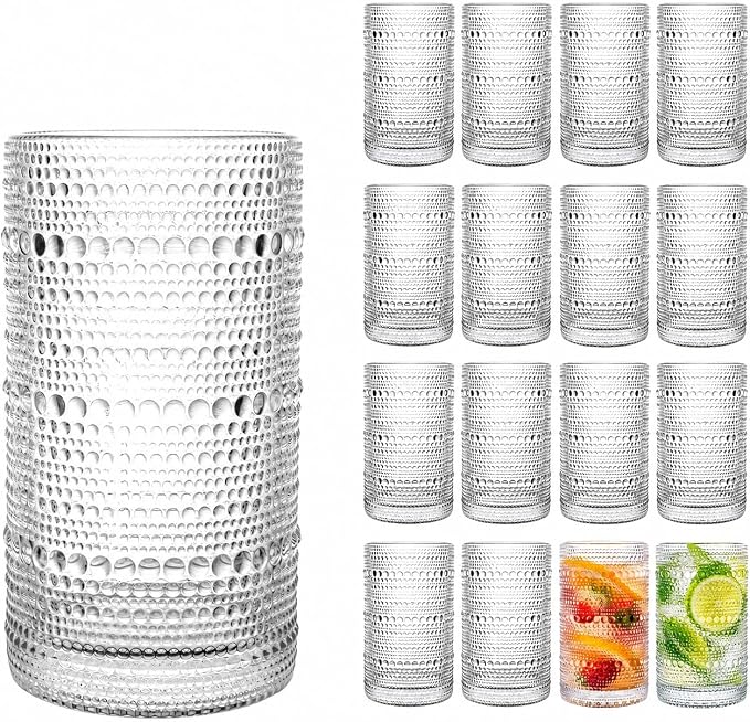Set of 16 Hobnail Drinking Glasses 15.2 oz/450 ml Clear Highball Glasses, Drinking Set of 16 Vintage Embossed Glassware, Sturdy Heavy Duty Water Juice Cocktails, Iced Coffee Tumblers by MosJos