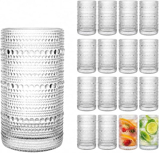 Set of 16 Hobnail Drinking Glasses 15.2 oz/450 ml Clear Highball Glasses, Drinking Set of 16 Vintage Embossed Glassware, Sturdy Heavy Duty Water Juice Cocktails, Iced Coffee Tumblers by MosJos