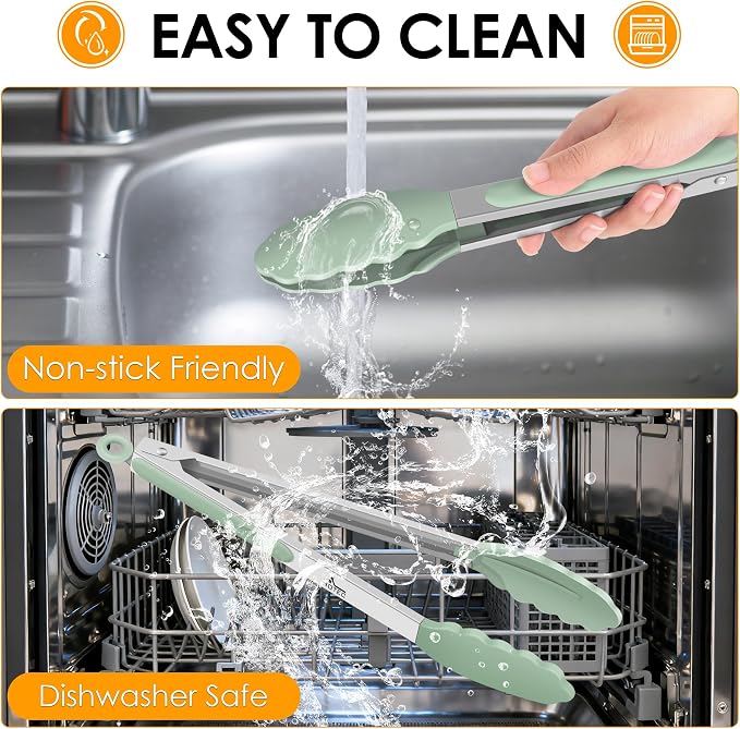 Hotec Premium Stainless Steel Locking Kitchen Tongs with Silicon Tips, Set of 2-9" and 12" Light Green - Image 7