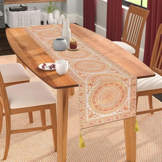 Indian Handmade Indian Traditional Table Runner Ethnic Kitchen Table Cloth for Wedding Bridal Birthday Party Diwali Decorations - Mandala Design - White by Unknown