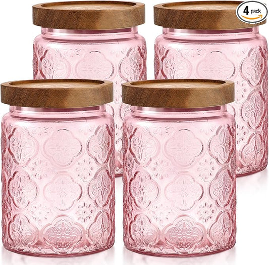 LemonRoad 4 Pcs Vintage Pink Glass Storage Jars 23.7 oz Mason Jar Canister with Wood Lids Food Storage Container for Cookie, Pantry, Candy Kitchen, Coffee, Tea, Flour, Sugar, Decorative Home Decor by Unknown