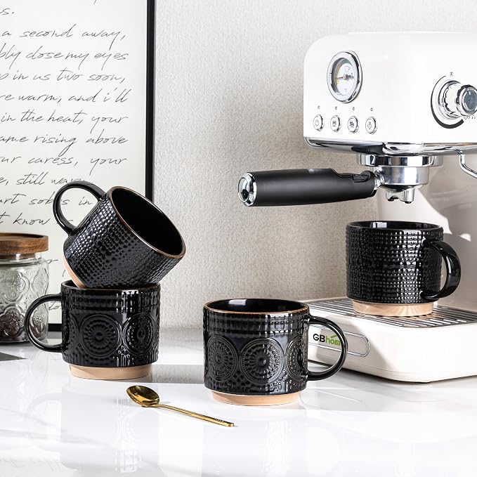 GBhome 12OZ Stackable Coffee Mugs, Ceramic Coffee Mugs with Texture Patterns for Man,Woman,Dad,Mom, Modern Coffee Mugs Set of 4 for Latte/Cappuccino/Cocoa. Dishwasher&Microwave Safe - Image 6