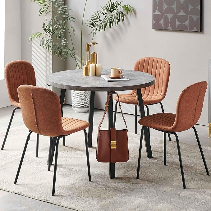 5-Pieces 37.4" Round Dining Table Set for 4,Mid Century Modern Small Coffee Table, Engineered Wood Table and Chairs Set of 4 for Kitchen, Dining Room, Office(1 Table+4 Brown PU Leather Chairs) - Image 4