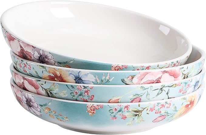 Bico Margret's Garden Pasta Bowls, 35oz Salad Bowl Set of 4, Large Ceramic Serving Dinner Bowls for Soup and Cereal, Microwave and Dishwasher Safe, Gift for Housewarming and Thanksgiving by Bico