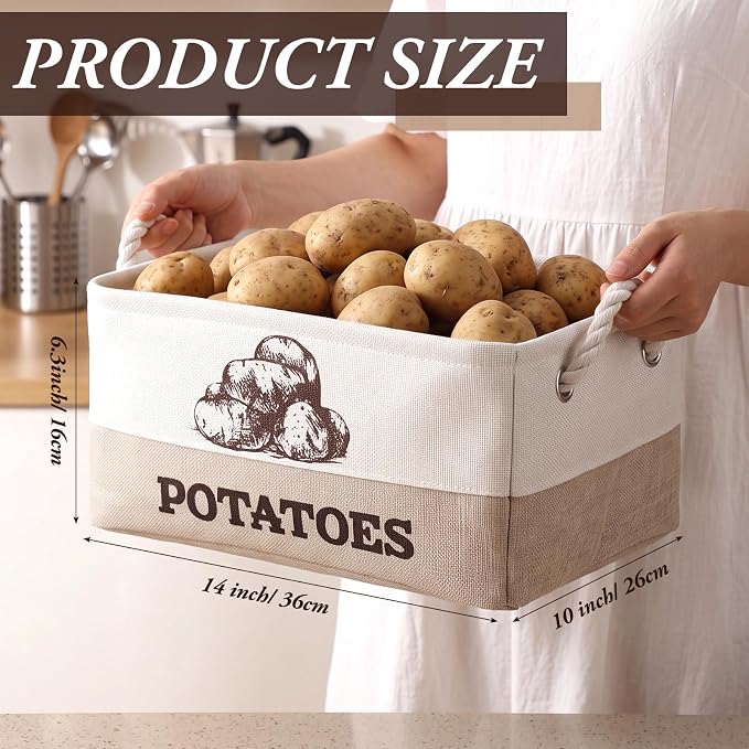Marsui 2 Pcs Potato and Onion Storage Baskets with Handles, Foldable Kitchen Vegetable Storage Bins, Rustic Countertop Pantry Organizer for Potatoes, Onions, Fruit, Vegetables - Image 2