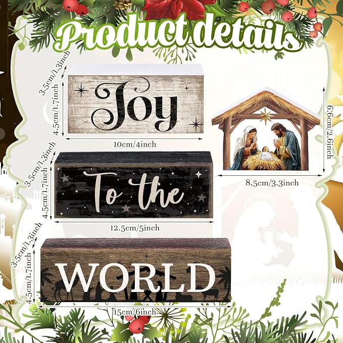 Moucuny 4 Pcs Christmas Table Decor Wooden Christian Religious Decoration Nativity Scene Centerpiece Joy to the World Tiered Tray Decor Farmhouse Xmas Decoration for Kitchen - Image 3