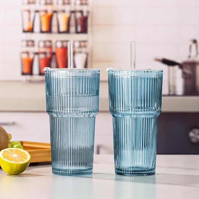 4PCS Blue Ribbed Glass Cups with Lids and Straws, 20oz Vintage Drinking Glasses, Aesthetic Iced Coffee Cups, Glass Tumbler for Boba, Beer, Tea, Cocktails, Blue Ribbed Glassware Set (Blue-4) - Image 6