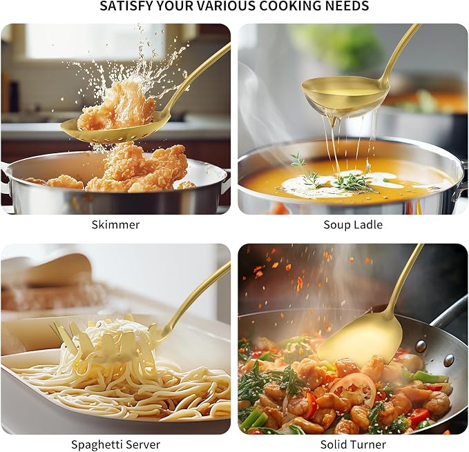 304 Stainless Steel Kitchen Cooking Utensils Set - 9 PCS Serving Utensils, Include Skimmer, Soup Ladle, Spaghetti Server, Wok Spatula, Slotted & Solid Spoon, Slotted Spatula Turner, Meat Fork (Gold） - Image 6