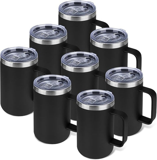 22oz Insulated Coffee Mug with Handle & Leak-Proof Lid - Double Wall Stainless Steel Travel Tumbler Bulk for Commute/Office/Home, Black, 8 Pack by Unknown
