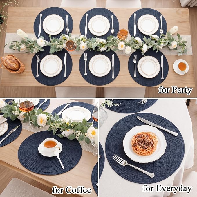 SHACOS 15 inch Round Placemats Set of 12 for Dining Table Braided Circle Place Mats Kitchen Table Placemat Washable Table Mats, Navy Blue - Image 9