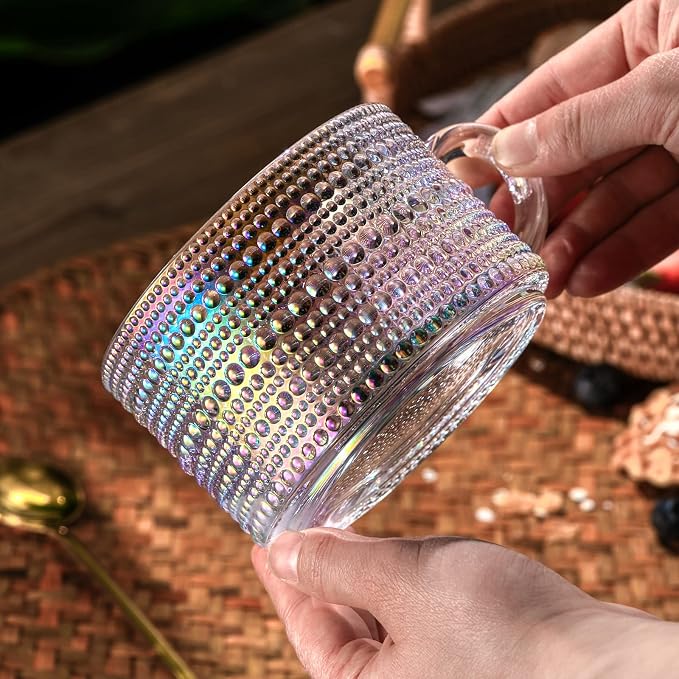 Gezzeny Vintage Glass Coffee Mugs 14 Oz Set of 2 Iridescent Embossed, Tea Cups,Glass Coffee Cups for Cappuccino, Latte,Cereal, Yogurt, Beverage Christmas Thanksgiving Day Gifts - Image 8