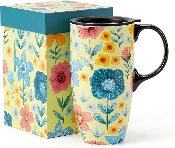 Topadorn 17oz Ceramic Travel Mug with Lid, Floral Coffee Mug | Large Ceramic Travel Cup, Microwave & Dishwasher Safe, Gift Box Included by Topadorn