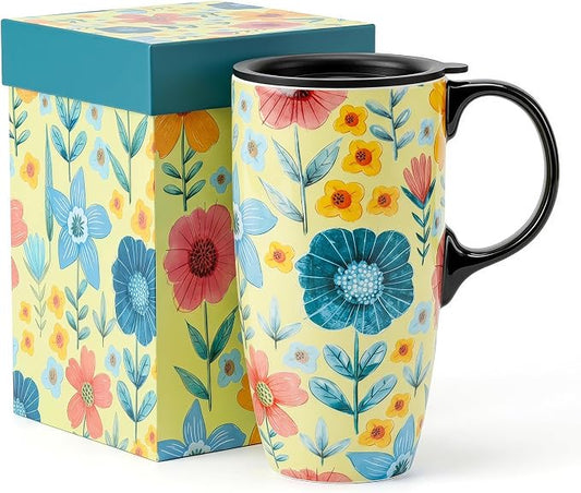 Topadorn 17oz Ceramic Travel Mug with Lid, Floral Coffee Mug | Large Ceramic Travel Cup, Microwave & Dishwasher Safe, Gift Box Included by Topadorn