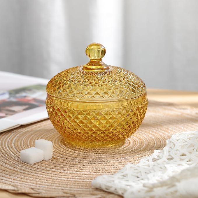 Joeyan 12 oz Small Amber Glass Jars with Lid,Embossed Glass Candy Dishes,Diamond Faceted Food Container,Decorative Jewelry Box Apothecary Canisters,Colored Kitchen Bathroom Buffet Storage Organizer - Image 2