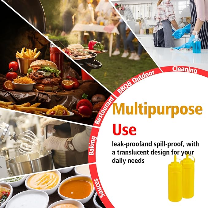 Squeeze Bottles for Sauces,Leak-Proof Condiment Dispenser, BPA-Free Kitchen Restaurant Squeeze Bottle Set with Wide Mouth for Ketchup, Mustard,Syrup,Dressings (Yellow, 4Pack-32oz(900ml))