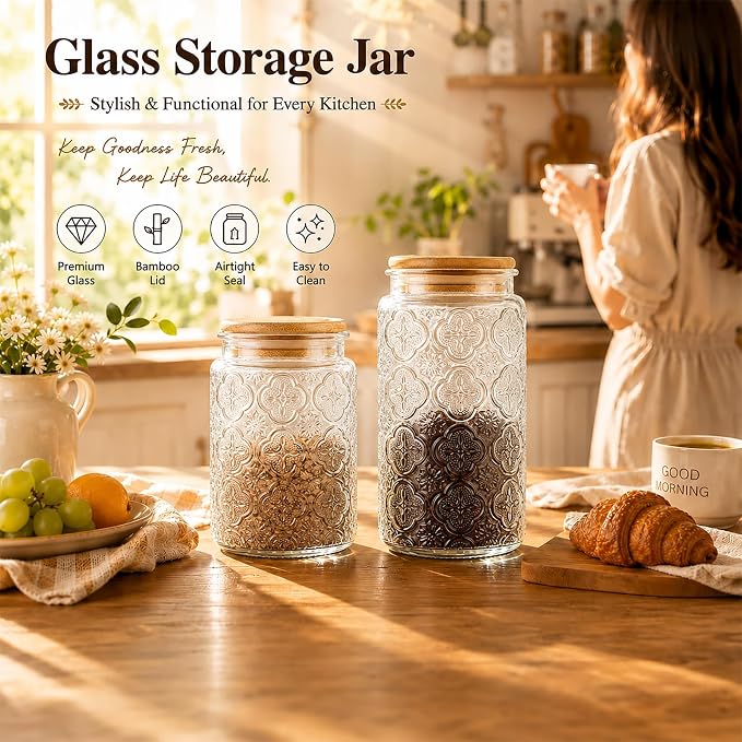 Glass Storage Jars With Airtight Lid, 23.7oz Canister For Kitchen Counter with Bamboo Lid, brown sugar, candy, coffee, cookie, salt, tea,pantry cute Jar (Begonia Flowers*1) - Image 4