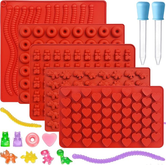 Gummy Bear Mold Silicone for Gummies Candy, 5Pcs Worm Gummy and Chocolate Molds Silicone for Kids Including Mini Bear, Dinosaur, Worm, Hearts and Mini Donut with 2 Droppers