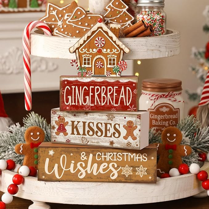 Moucuny 4 Pcs Christmas Table Decoration Gingerbread House Wooden Stacked Block Decor Gingerbread Centerpiece Block Signs Rustic Christmas Tiered Tray Decoration for Home Kitchen Coffee Bar - Image 4