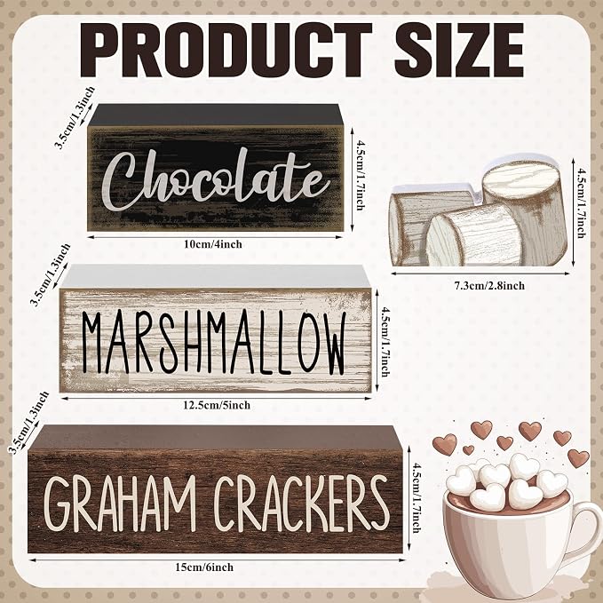 Moucuny 4 Pcs Christmas Table Decoration Wooden Marshmallow Chocolate Christmas Tiered Tray Decor Xmas Centerpiece Decorative Hot Cocoa Marshmallow Block Signs Gift Winter Decoration for Home Kitchen - Image 3