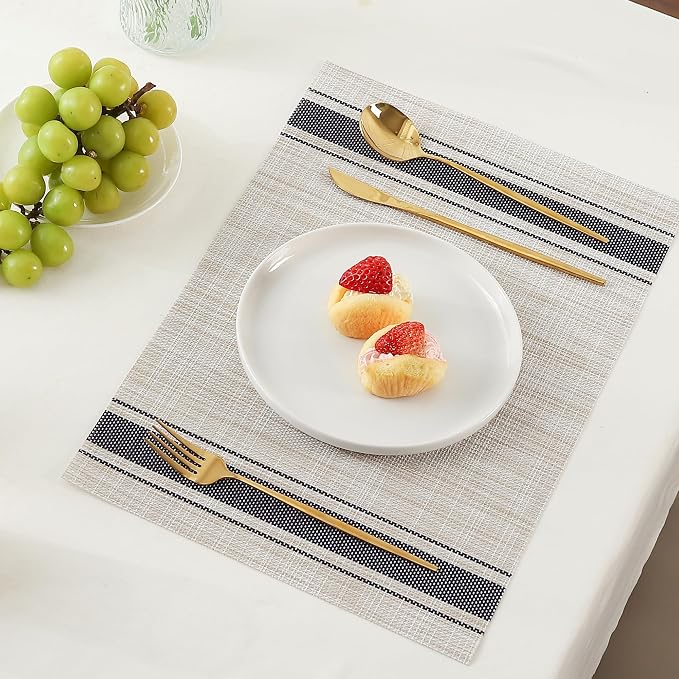 Leetaltree Khaki-Blue Placemats, Heat Resistant Non-Slip Place mats for Dining Table, Washable Durable PVC Vinyl Woven Table Mats (Set of 6) - Image 8