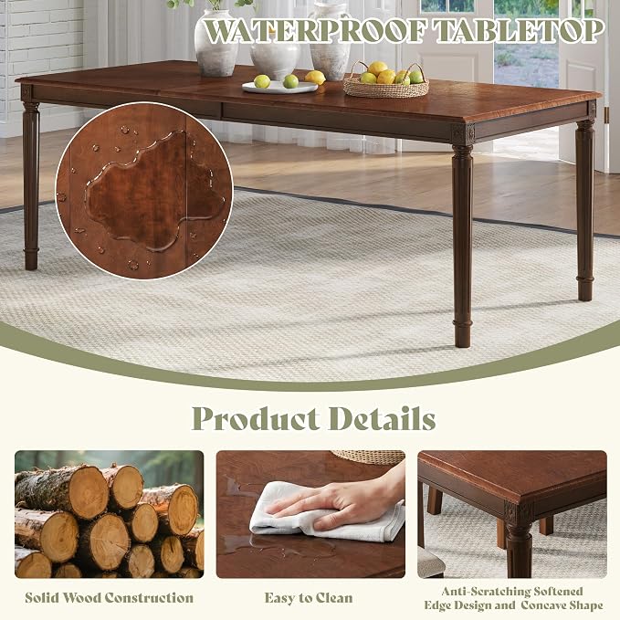 AMERLIFE 9 Piece Farmhouse Dining Set with 79" Rubberwood Table, Brown | 79" Rectangular Table, Solid Rubberwood Frame, Upholstered Chairs, Roman Conical Legs, Dark Brown Finish - Image 4