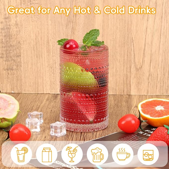 Moretoes Hobnail Drinking Glasses Set of 16, Vintage Water Glass Cups | 12 Oz Highball Glasses & 10 Oz Cocktail Glasses, Clear Embossed Boho Kitchen Bar Tumbler for Whiskey, Beer, Juice, Milk - Image 4