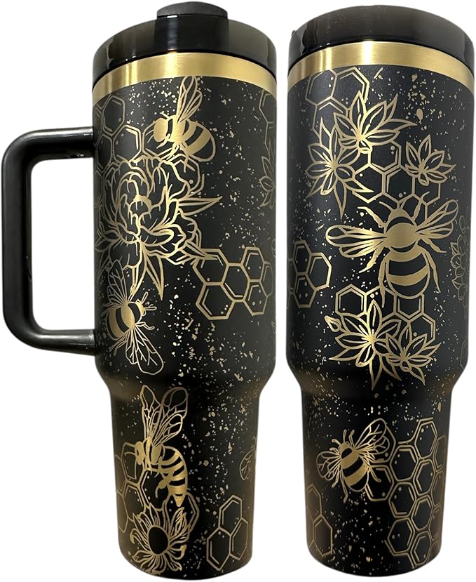 Tumbler, 40oz Tumbler, Western Tumbler, Engraved Cup with Handle, Cute Coffee Mug, 40oz Coffee Mug (Black Gold(21)-Bee(B31))