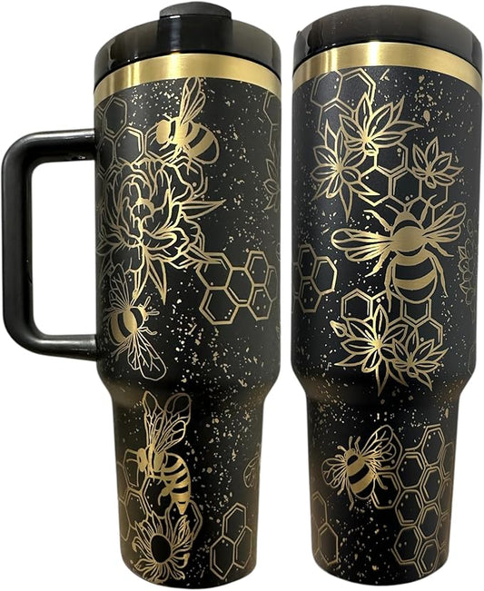 Tumbler, 40oz Tumbler, Western Tumbler, Engraved Cup with Handle, Cute Coffee Mug, 40oz Coffee Mug (Black Gold(21)-Bee(B31))