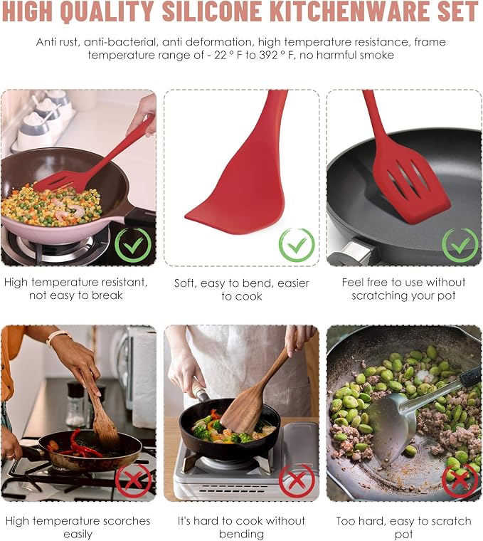Pranski Kitchen Utensils Set-12 Pieces Silicone Cooking Utensils Set (Dishwasher Safe) 392°F Heat Resistant Spatula Set, Nonstick Cookware | Dishwasher Safe 392°F Heat Resistant Spatula Set Kitchen Utensil Set for Nonstick Cookware,Best Kitchen Tools w... - Image 3