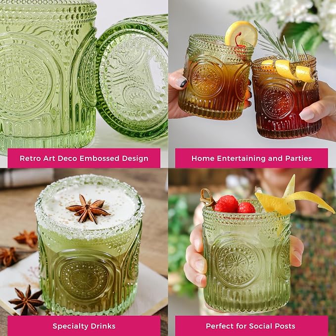 Kate Aspen Retro Arch Floral Green Drinking Glasses Set of 6-10 oz Vintage Beaded Glassware, Textured Water & Cocktail Cups, Holiday Drinkware, Christmas Gift Glass Set, Hostess or Holiday Gift - Image 5